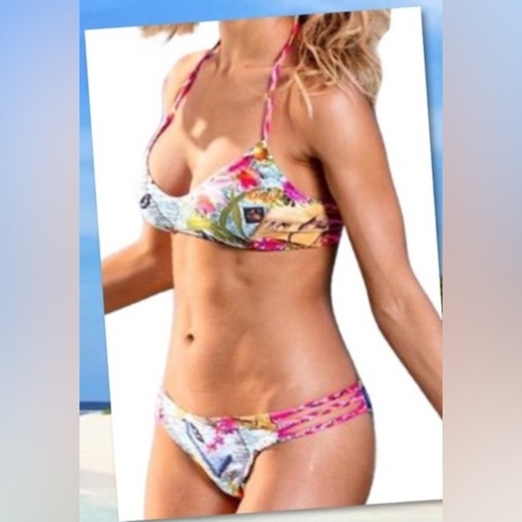 Other - Floral neck tie strappy bikini swimsuit